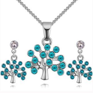 Silver Tone Blue Crystal Lucky Tree Necklace Set